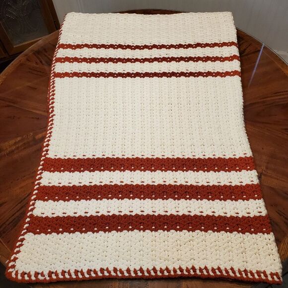 Vintage Handmade Crochet Throw Blanket Off White with Burnt Orange Stripes - Picture 4 of 10
